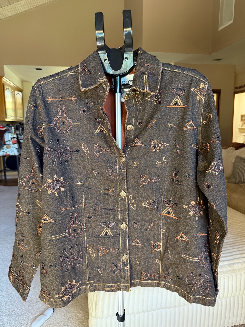 Chico's Brown Denim Jacket with embroidery and beads. Silk lined.